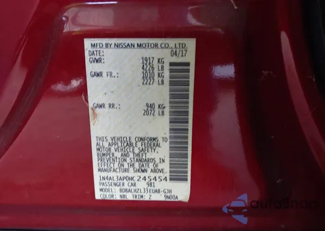 2017 Nissan Altima 2.5 Sr from USA, damaged, VIN 1N4AL3AP0HC245454